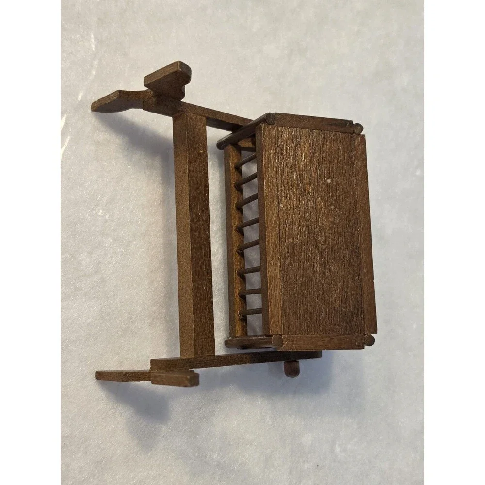 VTG Bodo Hennig Wooden Dollhouse Rocking Cradle Caco Baby & Felt Bear Nursery